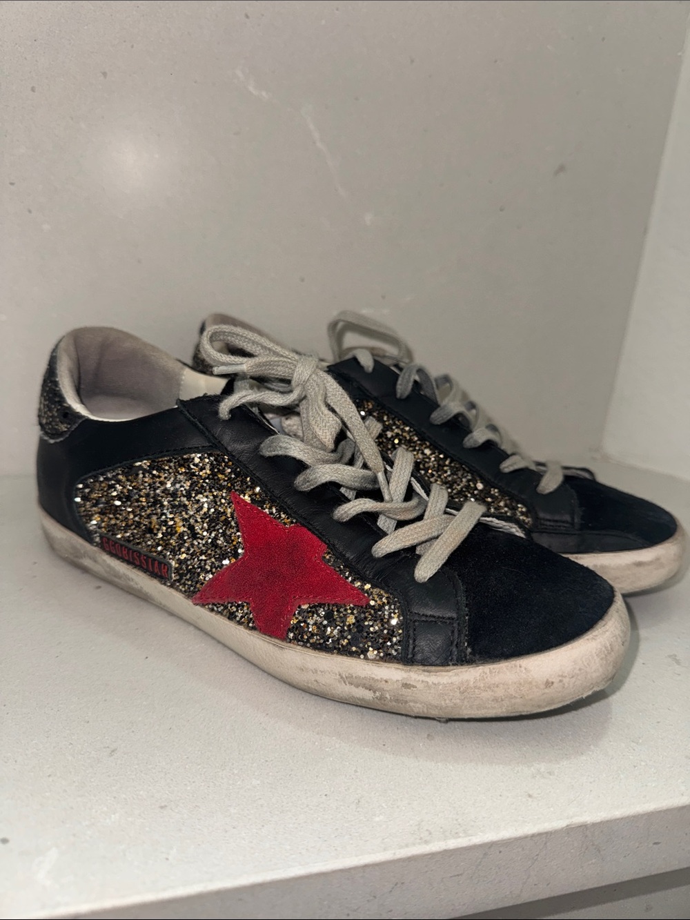 Superstar Golden Goose size 37 Black Glitter Sneaker with Red Star
